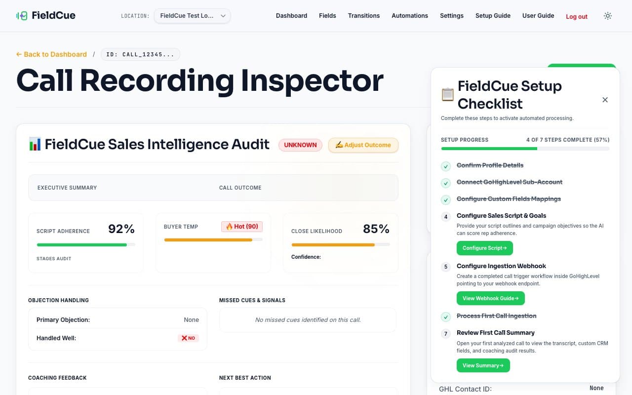 FieldCue Call Scorecard and Audit Details