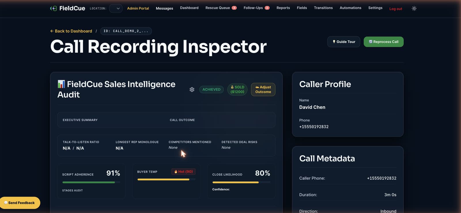 FieldCue Call details showing diarized transcript, short summary, compliance scorecard audits, and next action recommendations