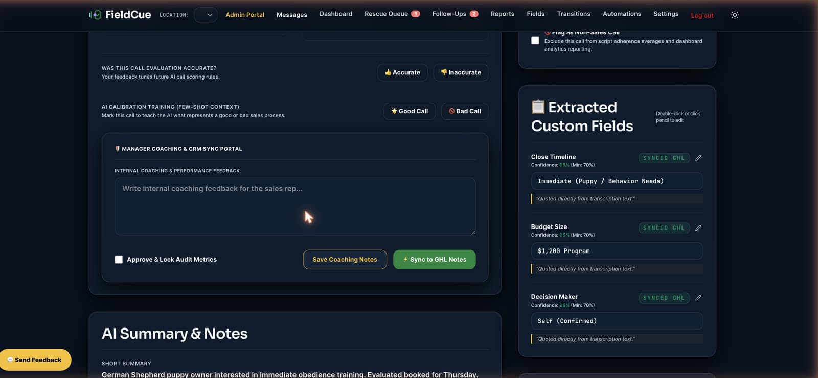 FieldCue extracted custom fields synced to GoHighLevel with confidence scores