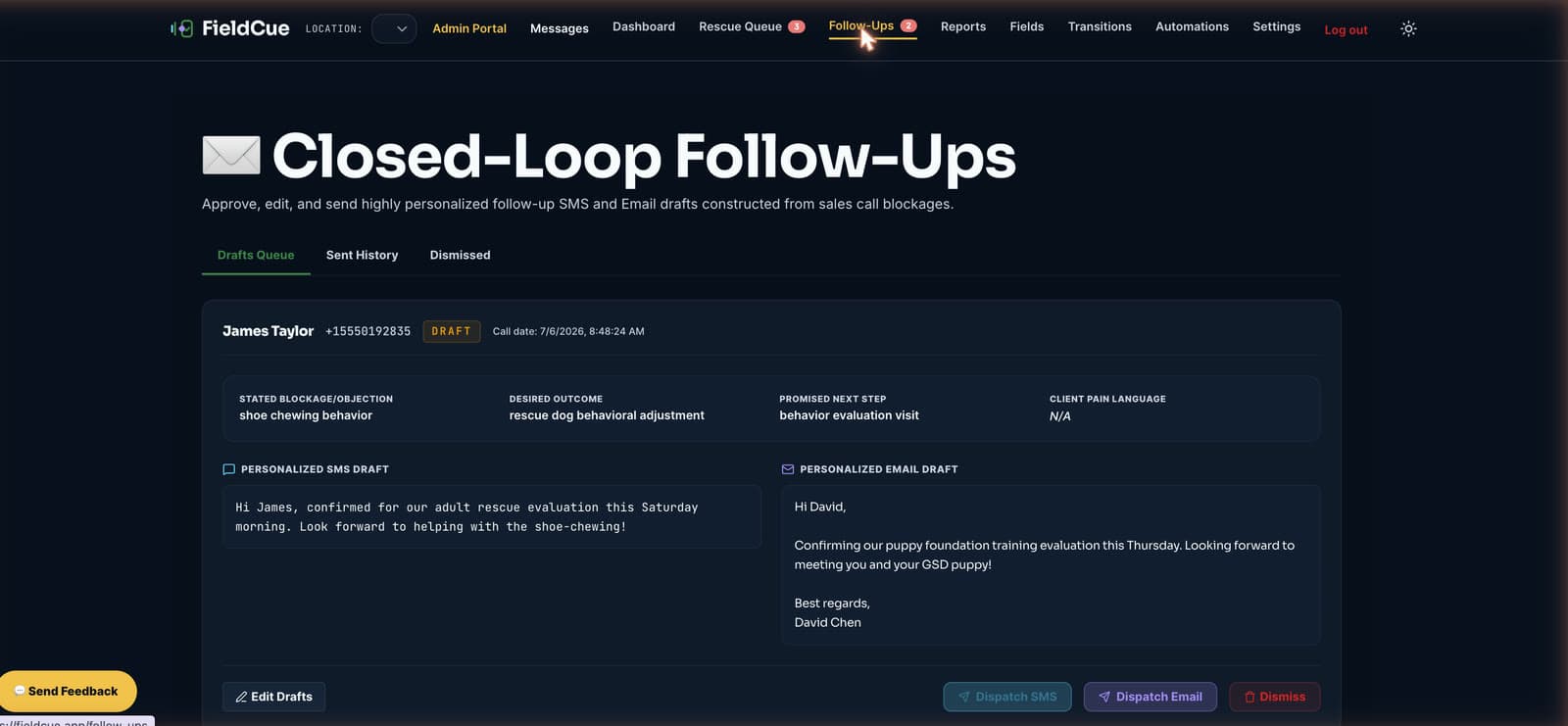 FieldCue Closed-Loop Follow-Ups screen showing AI-drafted email and SMS replies to call blockages