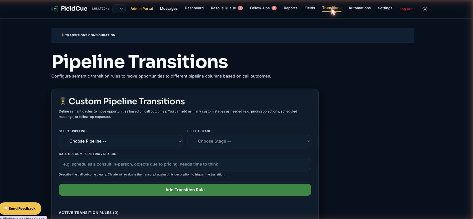 FieldCue semantic pipeline transition rules for objection routing