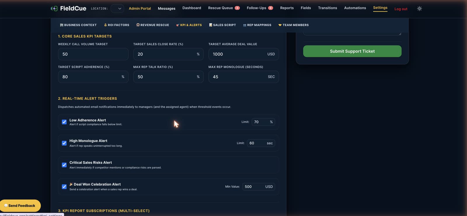 FieldCue real-time alert triggers and KPI targets configuration dashboard