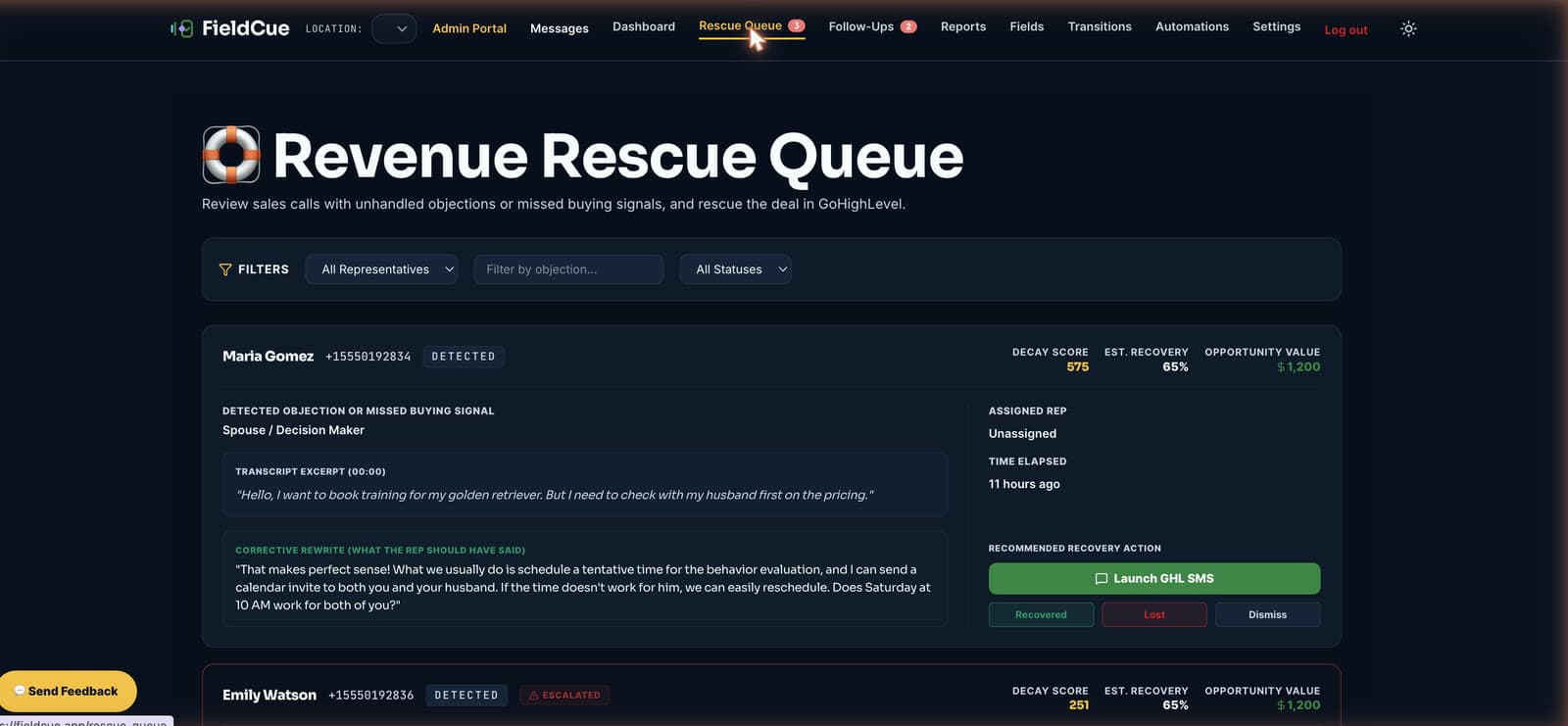 FieldCue Revenue Rescue Queue with decay score and one-click GHL SMS recovery