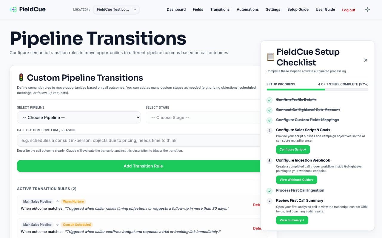 FieldCue Opportunity Stage and Objection Routing Transitions Settings